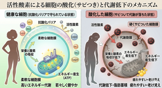 活性酸素による細胞の酸化（サビつき）