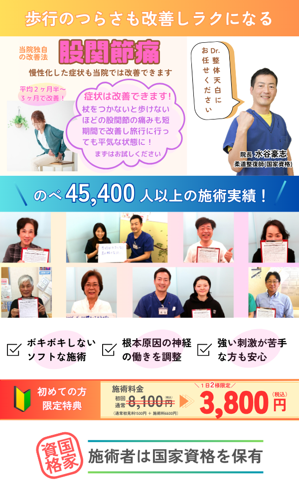 Dr.整体 天白の股関節痛を改善する整体を紹介するページのトップ画像